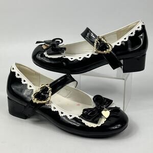 Lolita Style Mary Jane Heels Black Patent Bow Heart Charm Strap Sz7.5 Whimsygoth